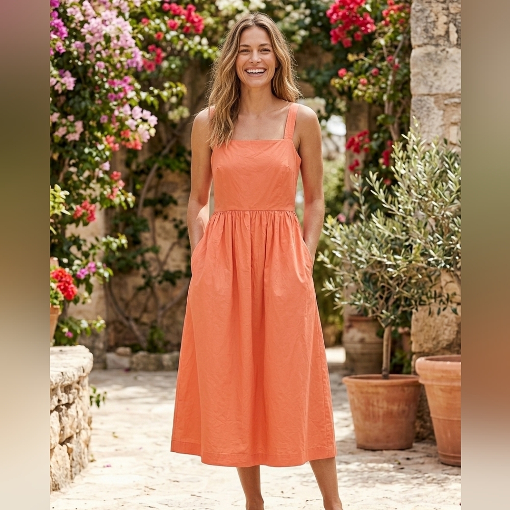 100% Cotton Apron Neck Summer Dress | Orange/Coral | Medium